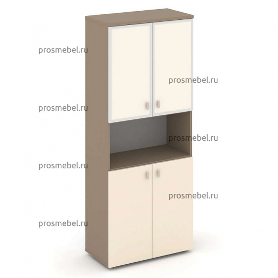 Шкаф высокий широкий (2 низких фасада ЛДСП + 2 низких фасада стекло в раме) Estetica
